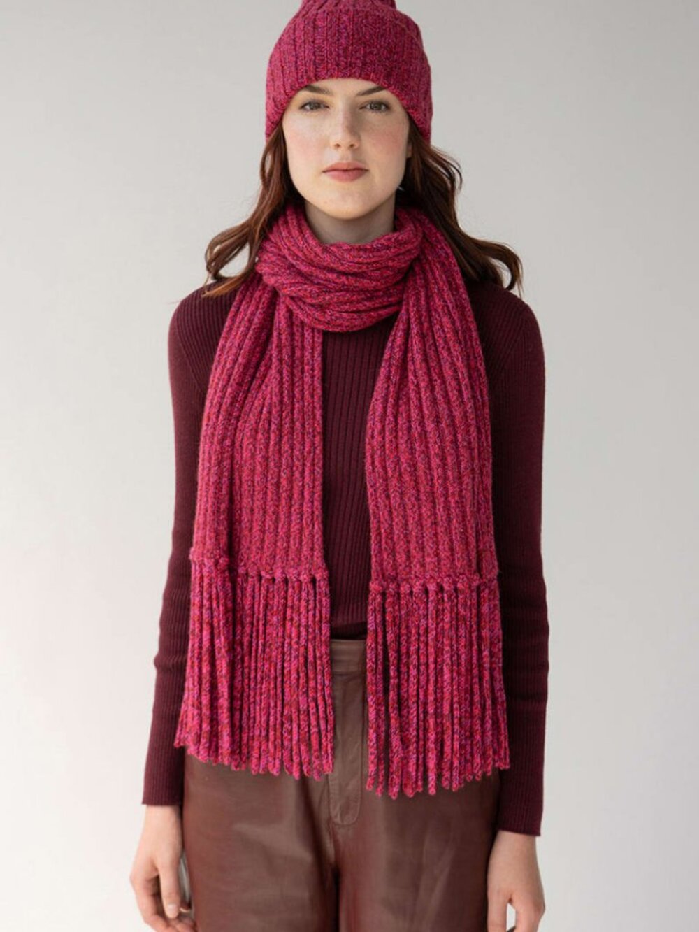 Ribbed Baby Alpaca Fringe Scarf - Magenta Marl